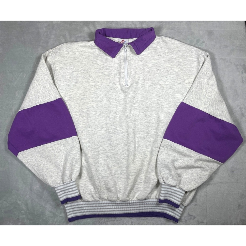 Vintage Colorblock Half Zip Sweatshirt Men's L/XL Gray Purple ESY Made USA